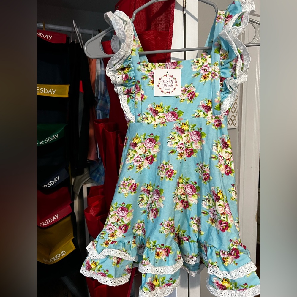 Cheeky Plum Blue Dress with Pink and Green Floral Design